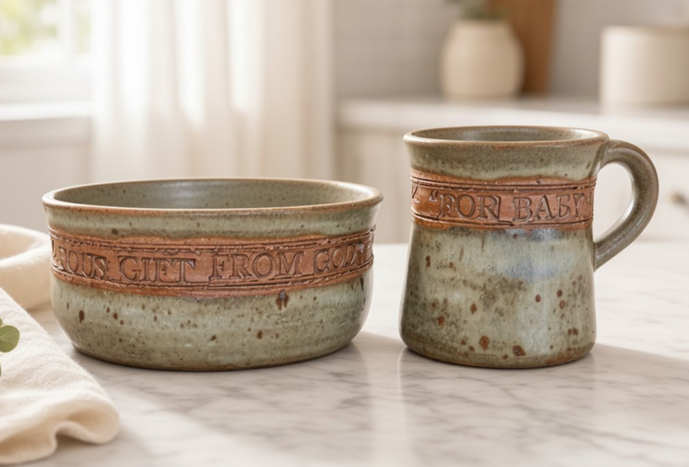 Vega Pottery Signed Baby Bowl & Cup Set Handmade Speckled Blue-Green Stoneware
